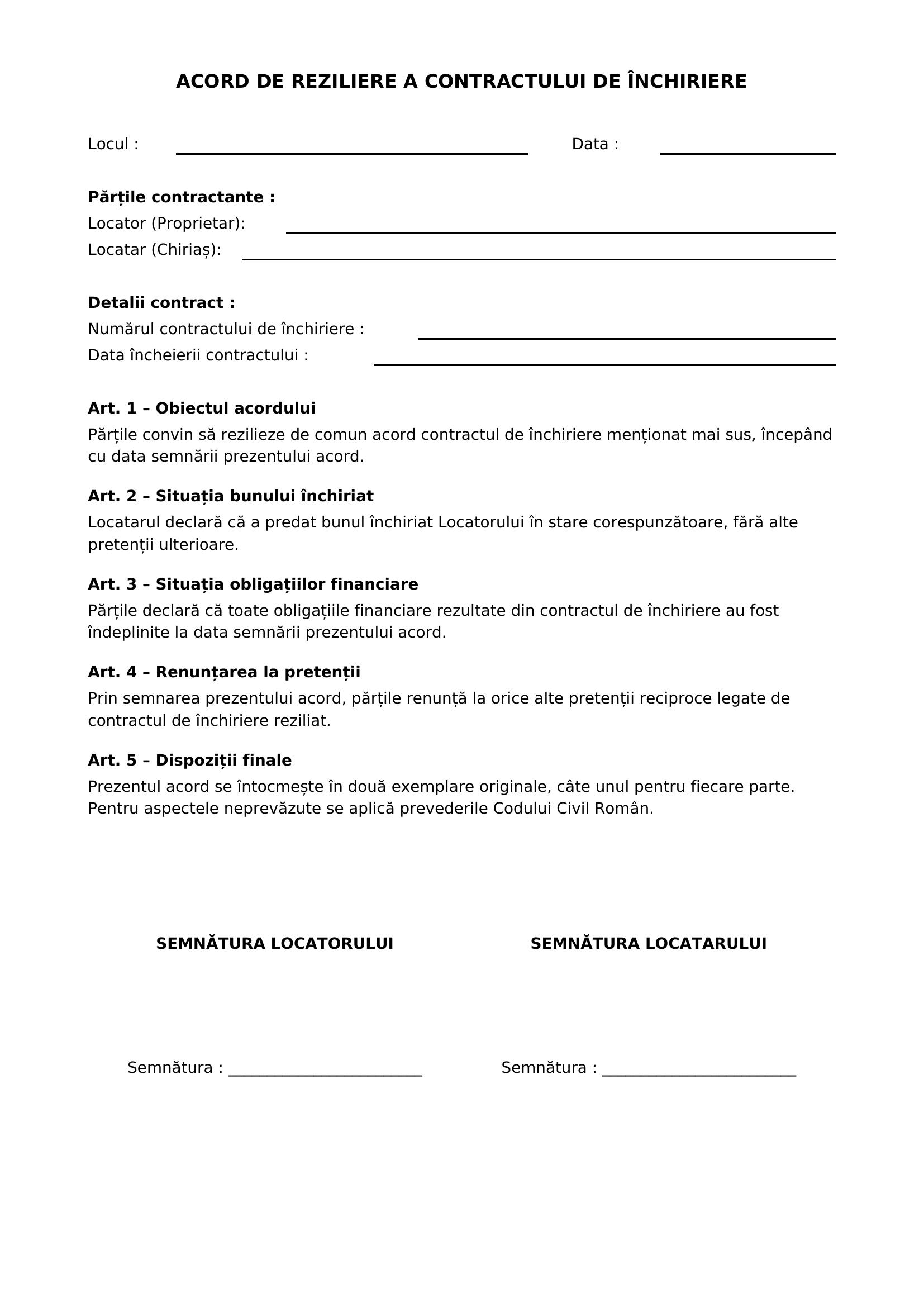 Acord Reziliere Contract Inchiriere