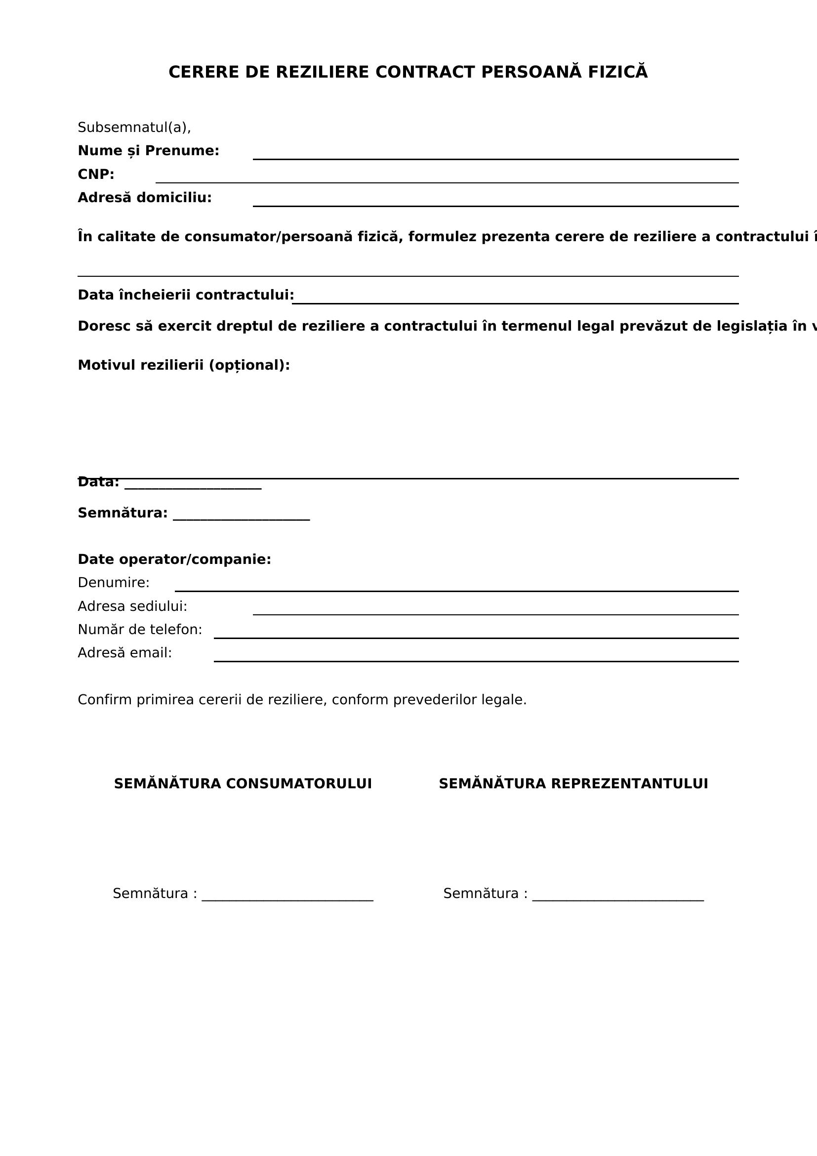 Cerere Reziliere Contract Persoana Fizica