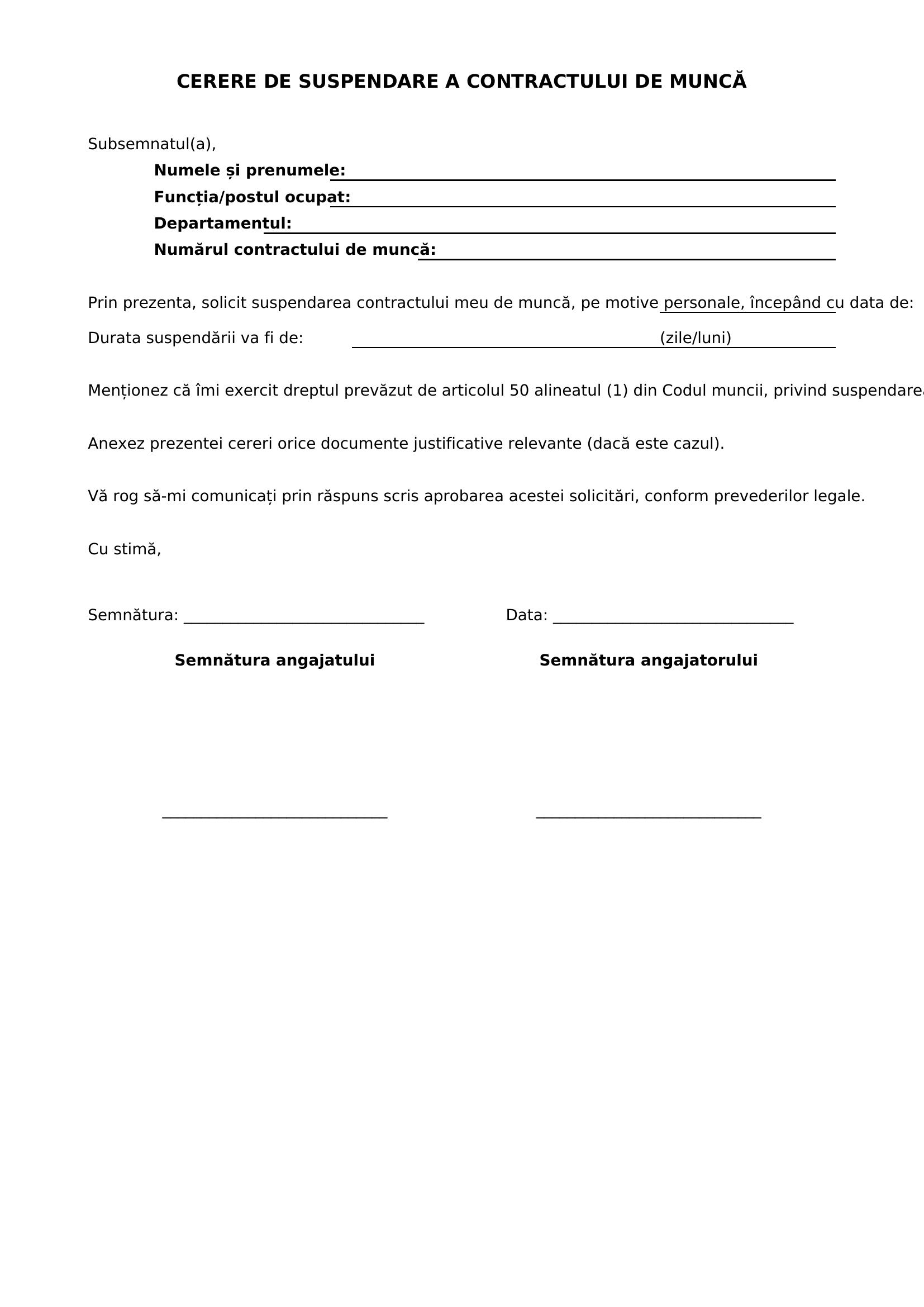 Cerere Suspendare Contract De Munca Motive Personale
