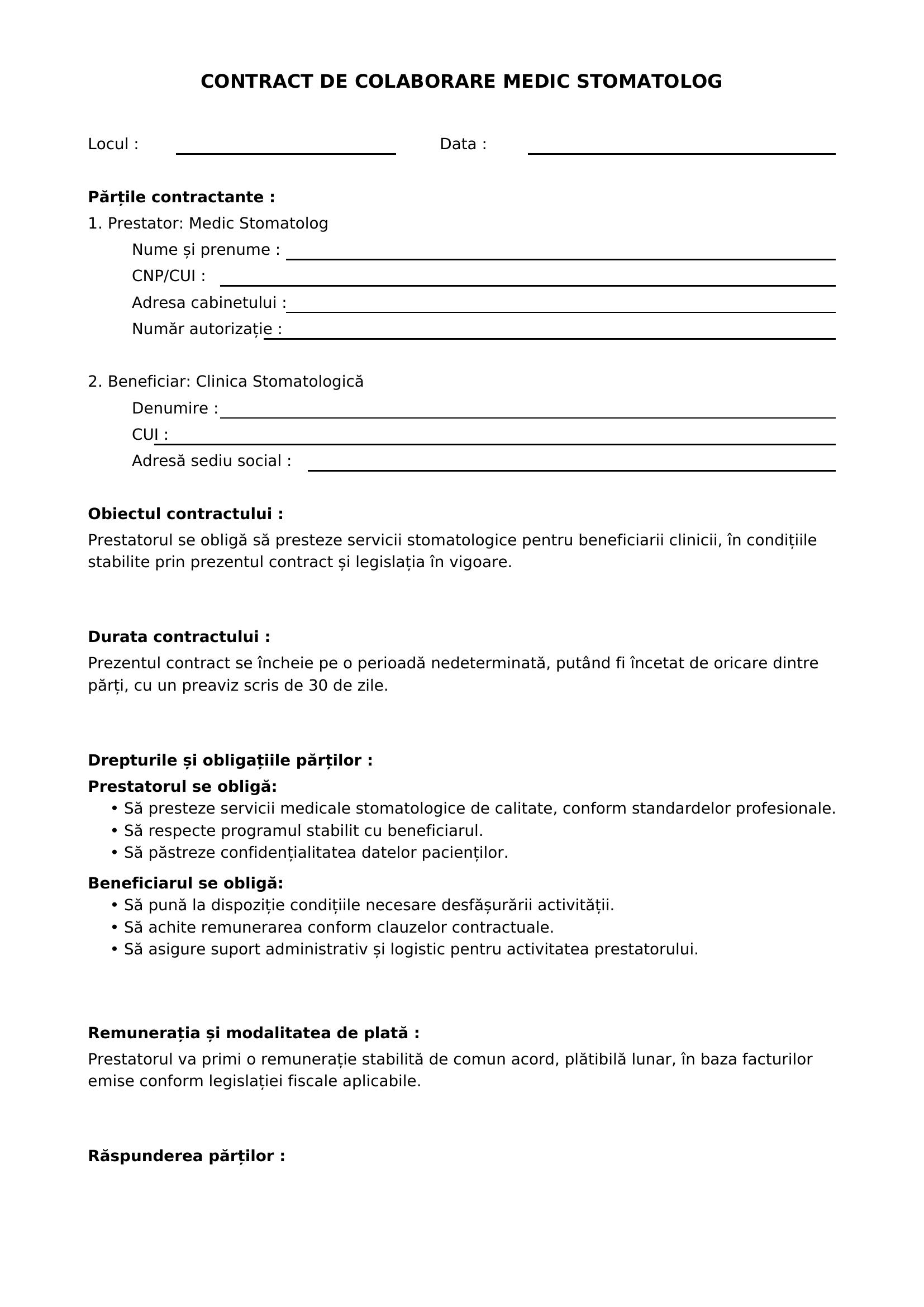 Contract Colaborare Medic Stomatolog