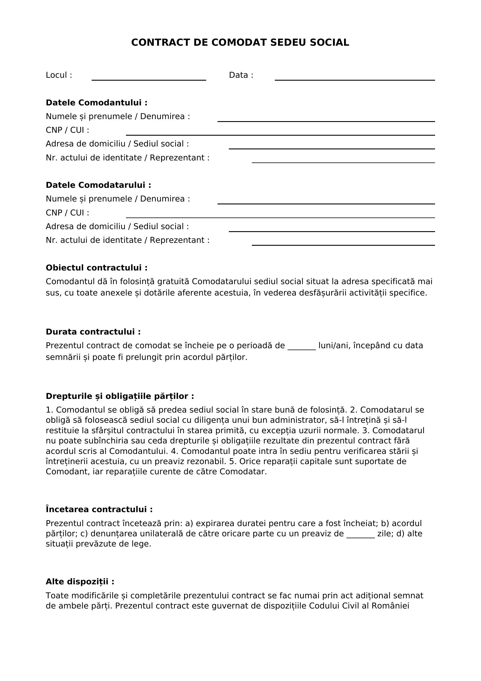 Contract Comodat Sediu Social