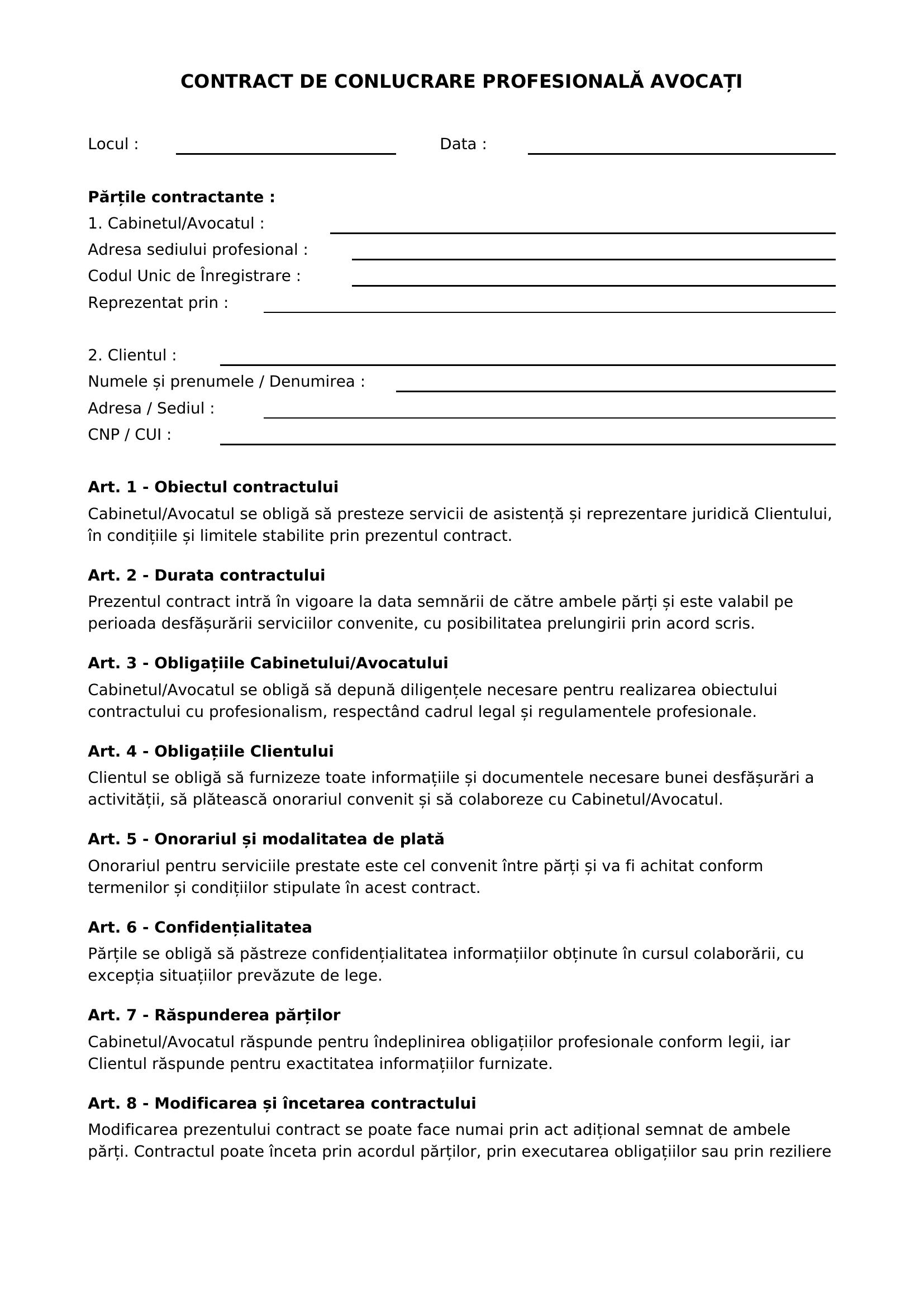Contract De Conlucrare Profesionala Avocati Model