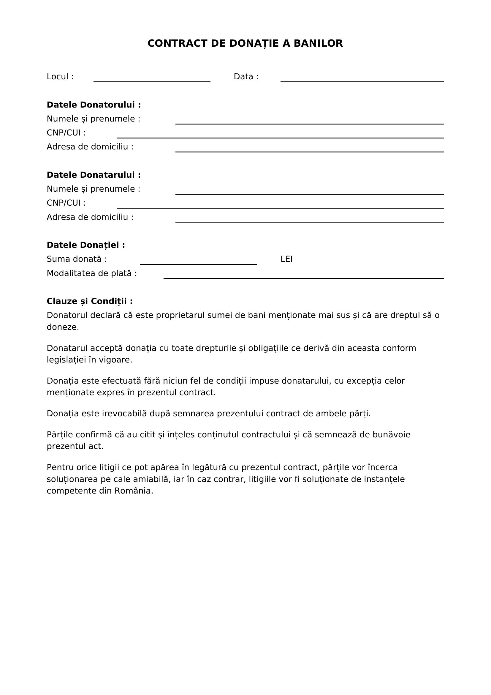Contract De Donatie A Banilor Model