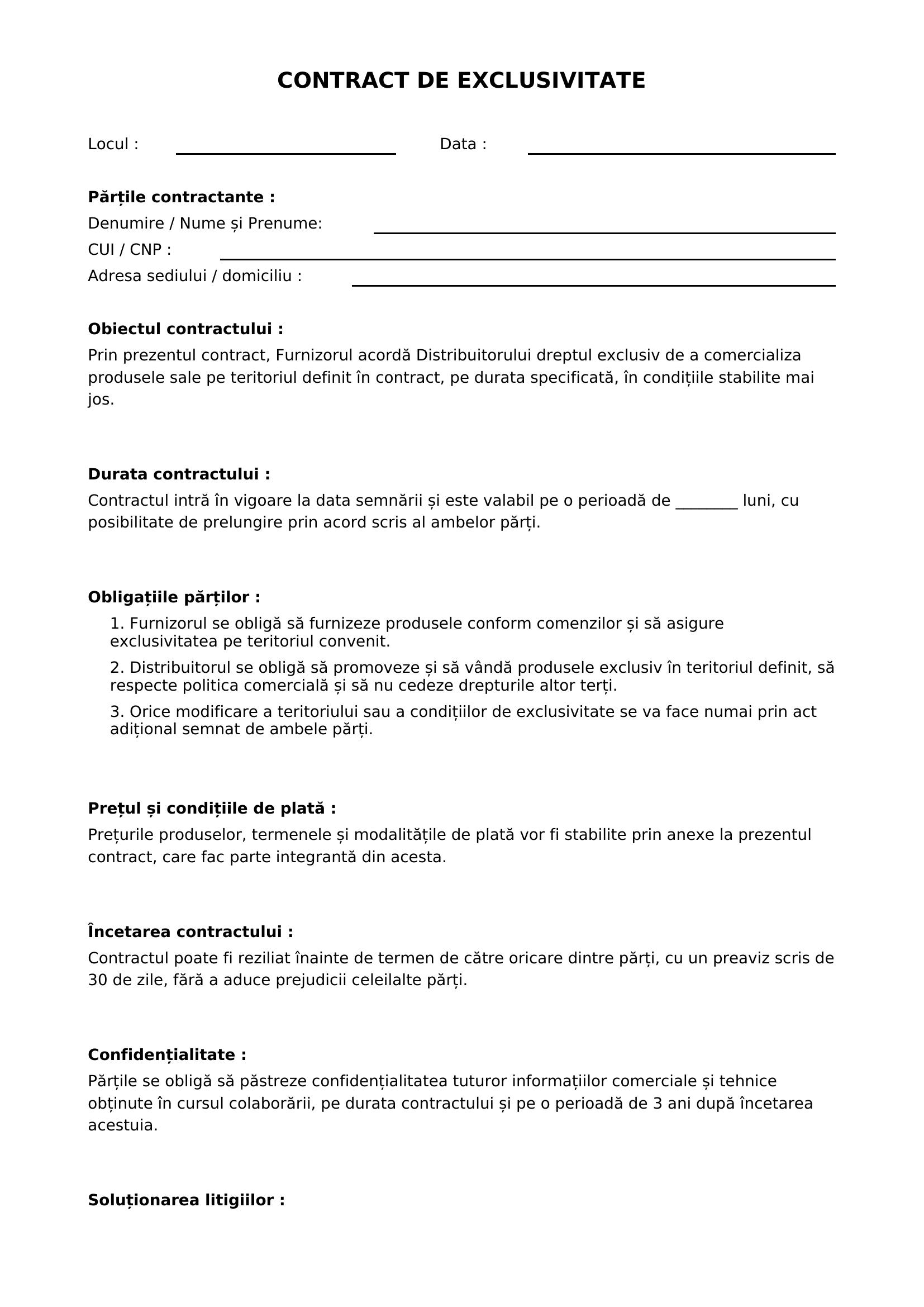 Contract De Exclusivitate Model