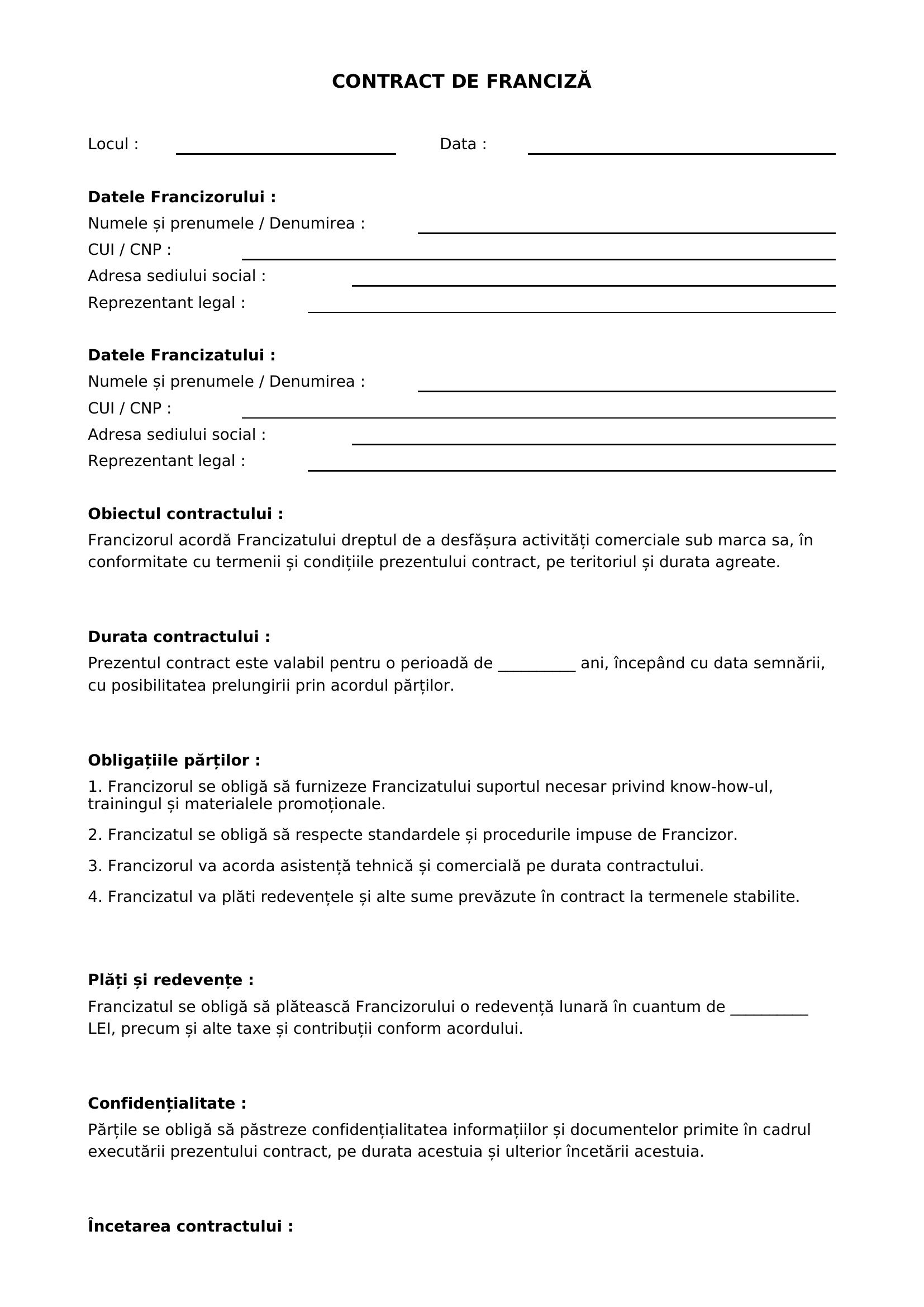 Contract De Franciza Model