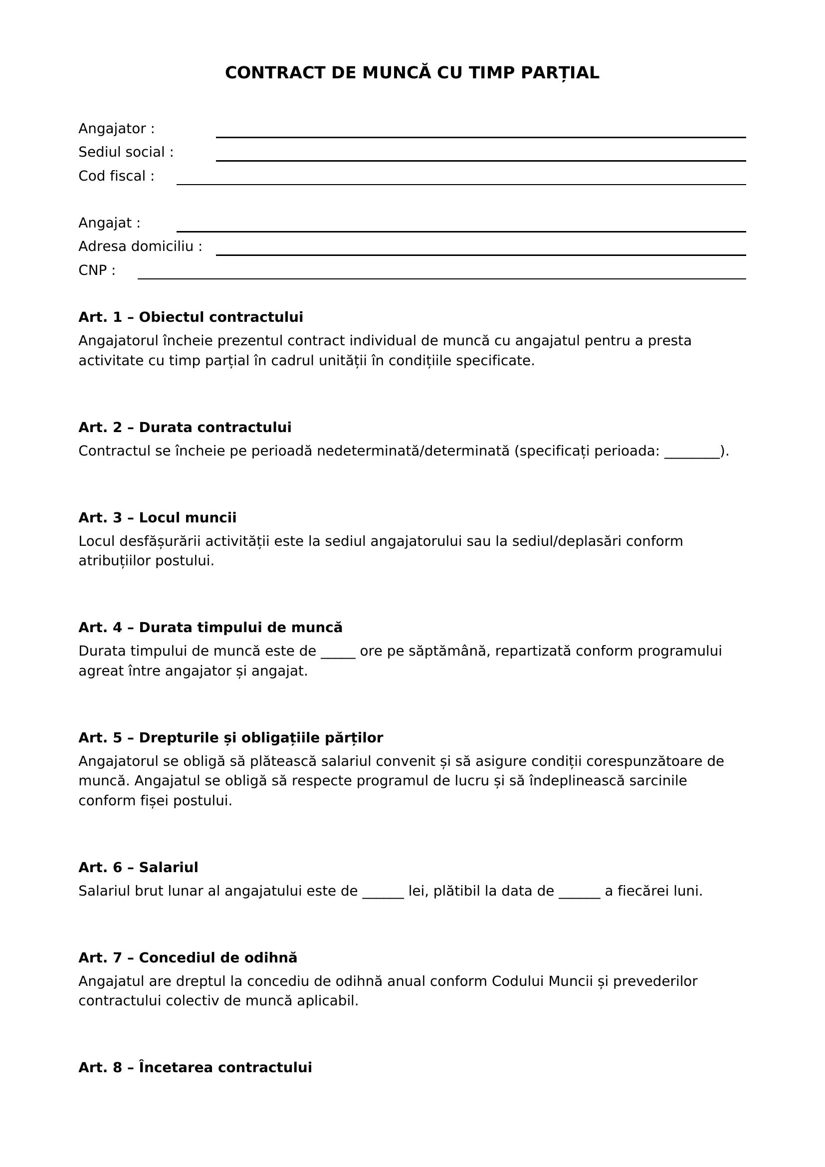 Contract De Munca Cu Timp Partial Model