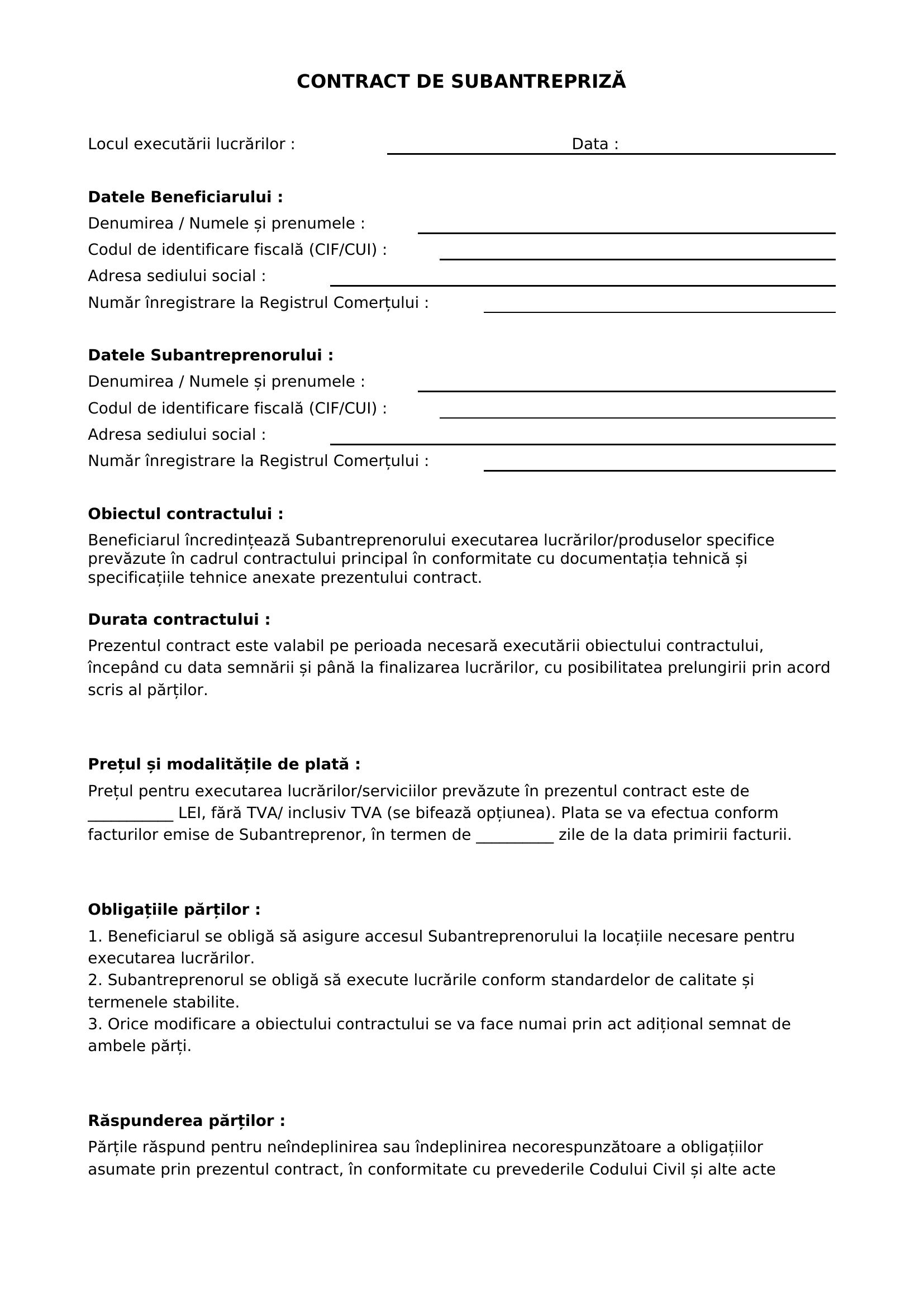 Contract De Subantrepriza Model