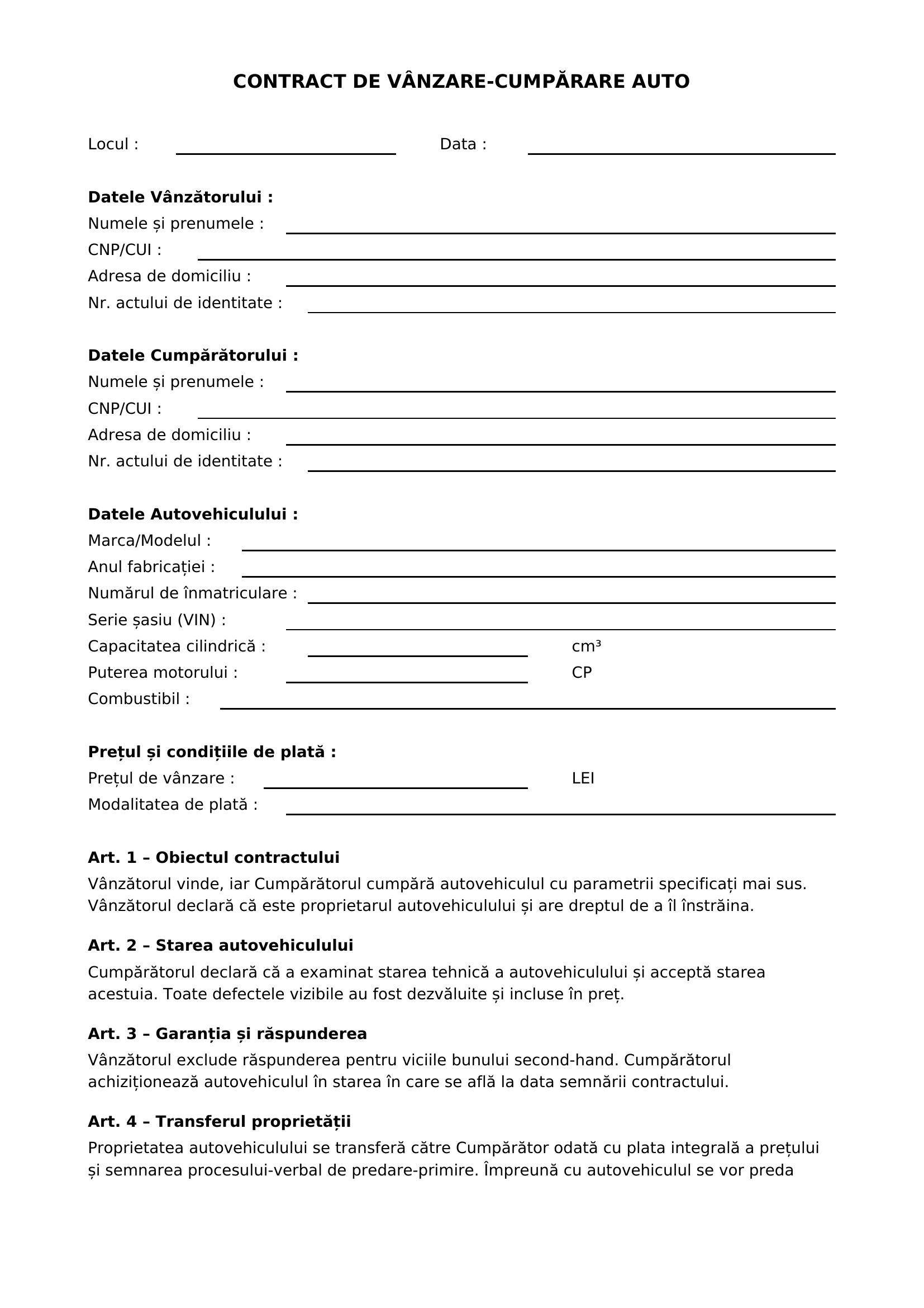 Contract De Vanzare-Cumparare Auto Editabil