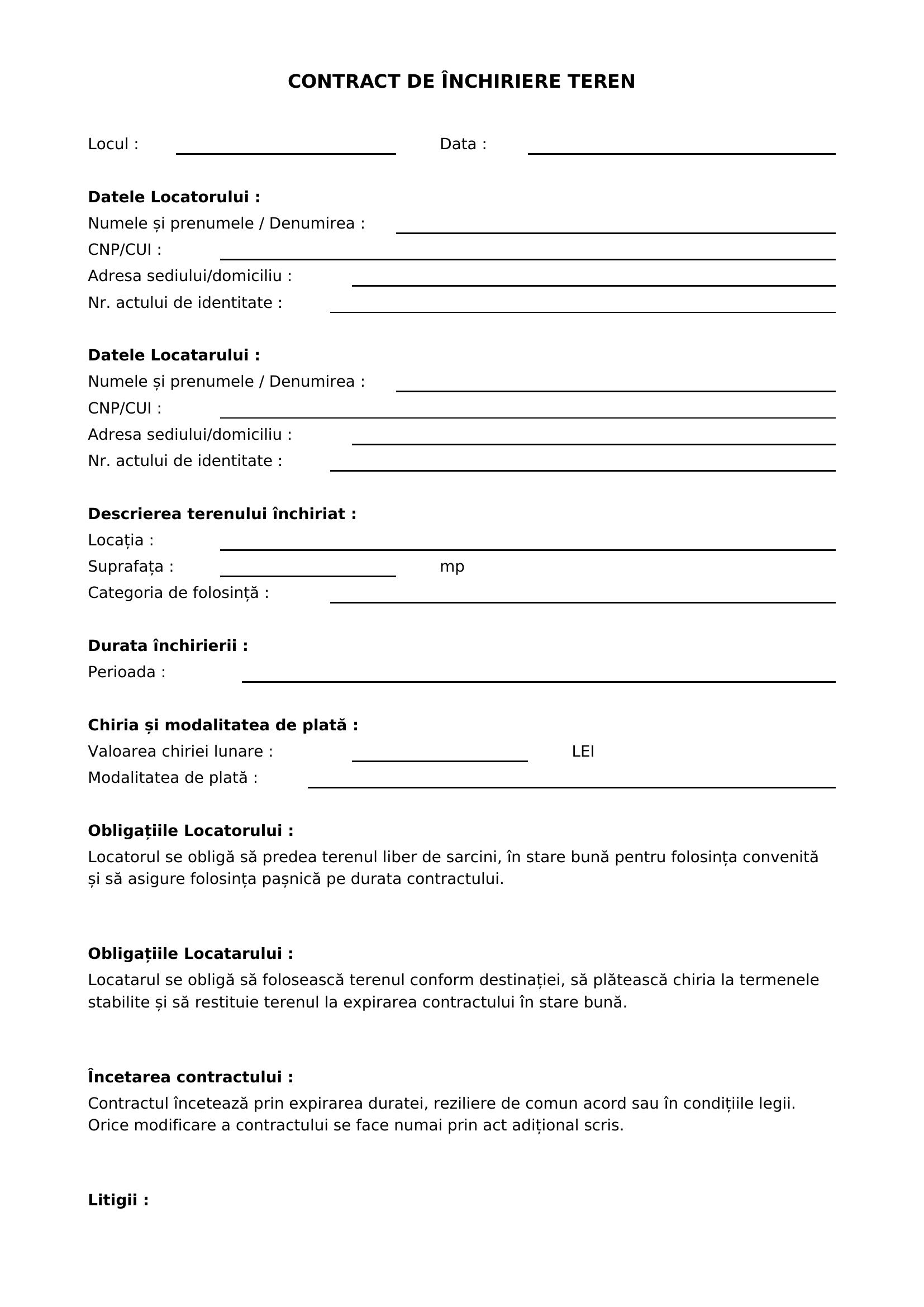 Contract Inchiriere Teren