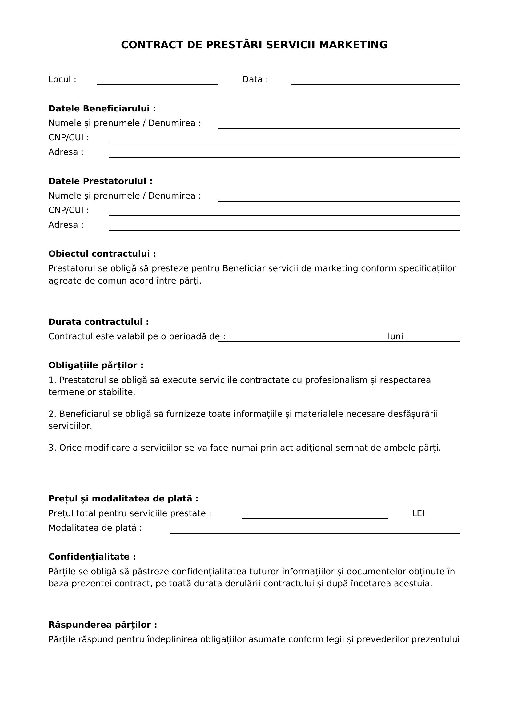 Contract Prestari Servicii Marketing