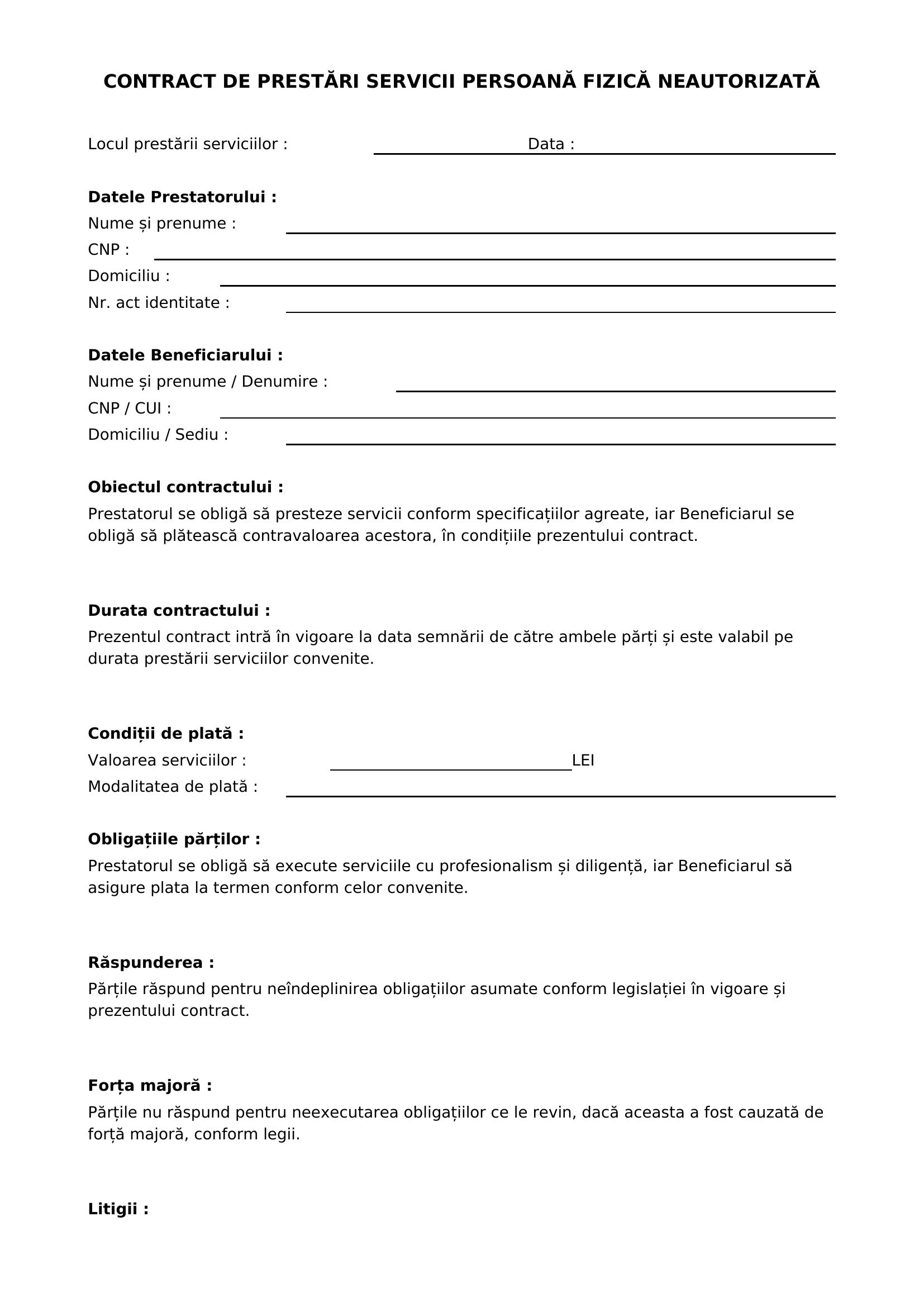 Contract Prestari Servicii Persoana Fizica Neautorizata