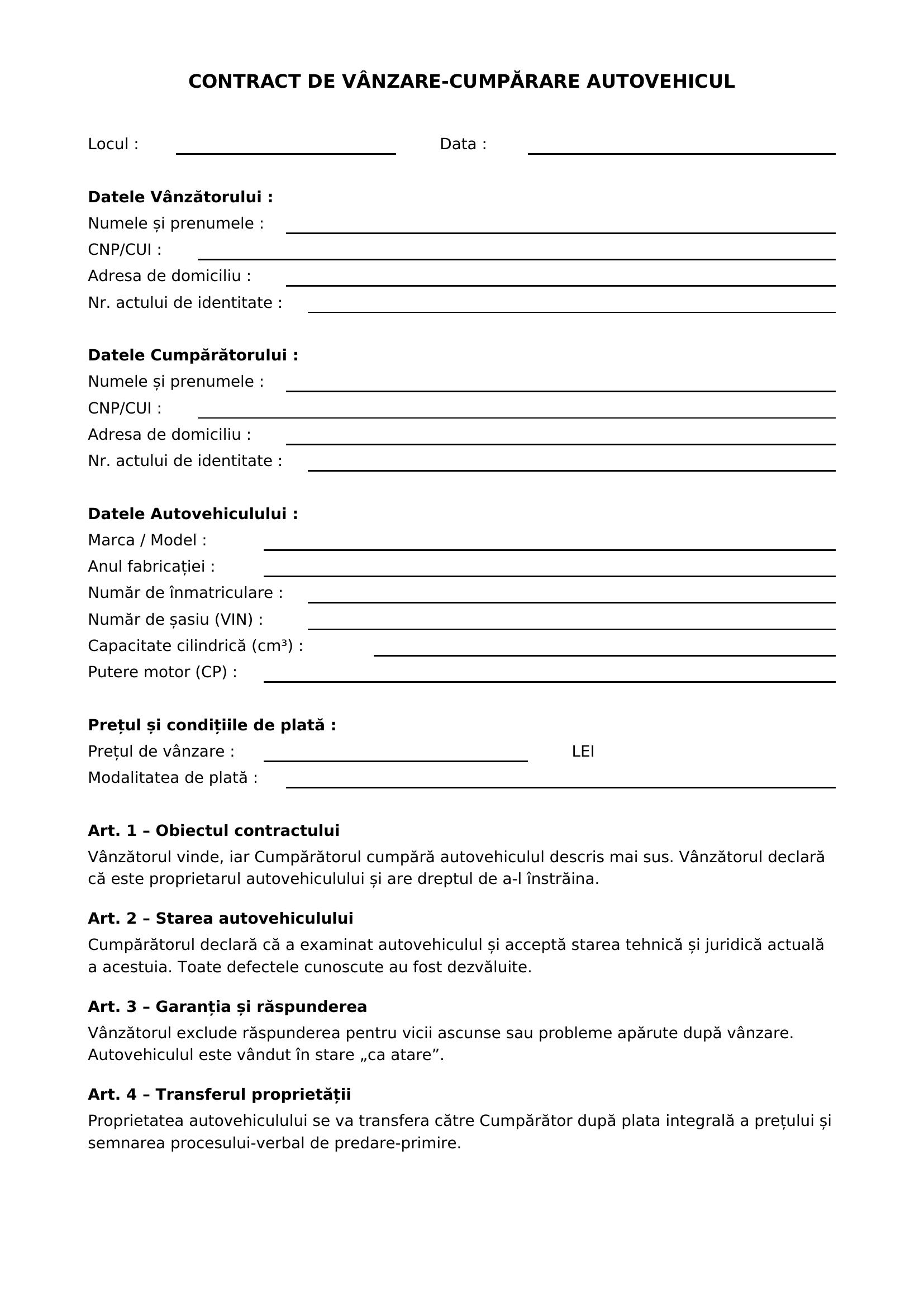 Contract Vanzare Cumparare Auto Polonia