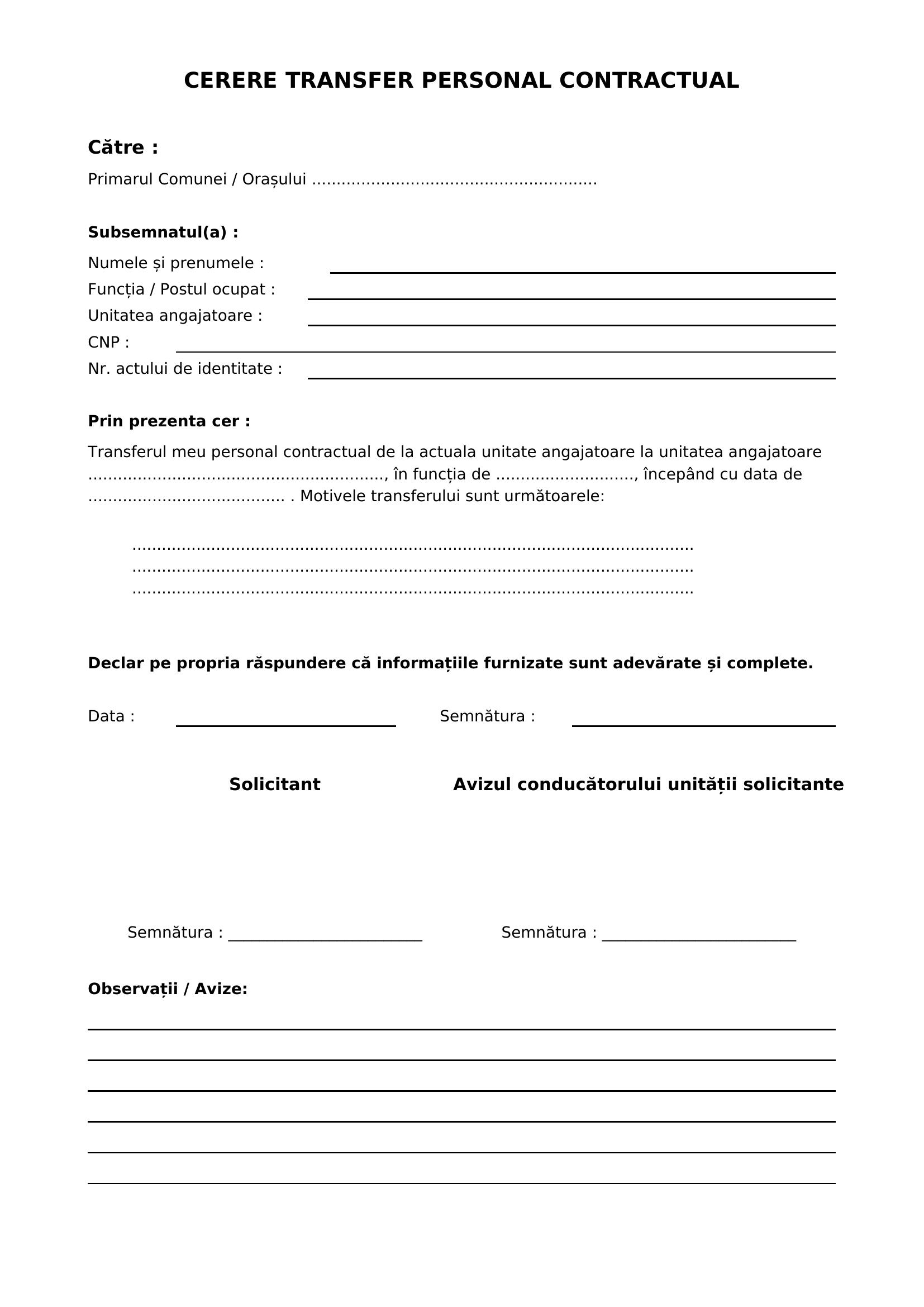 Model Cerere Transfer Personal Contractual