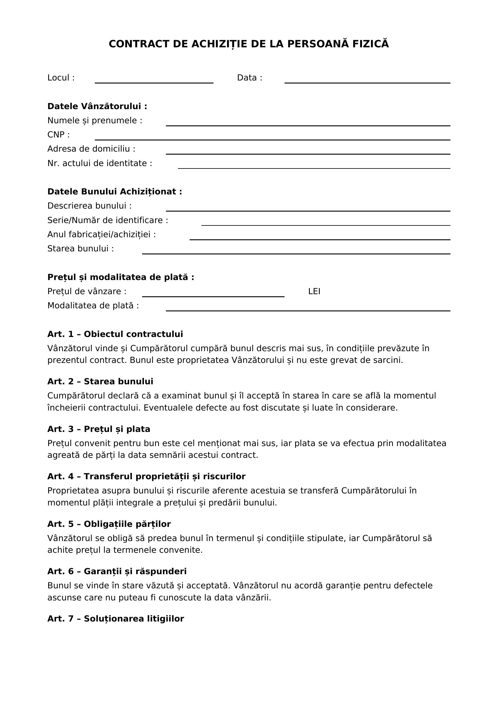 Model Contract Achizitie De La Persoana Fizica