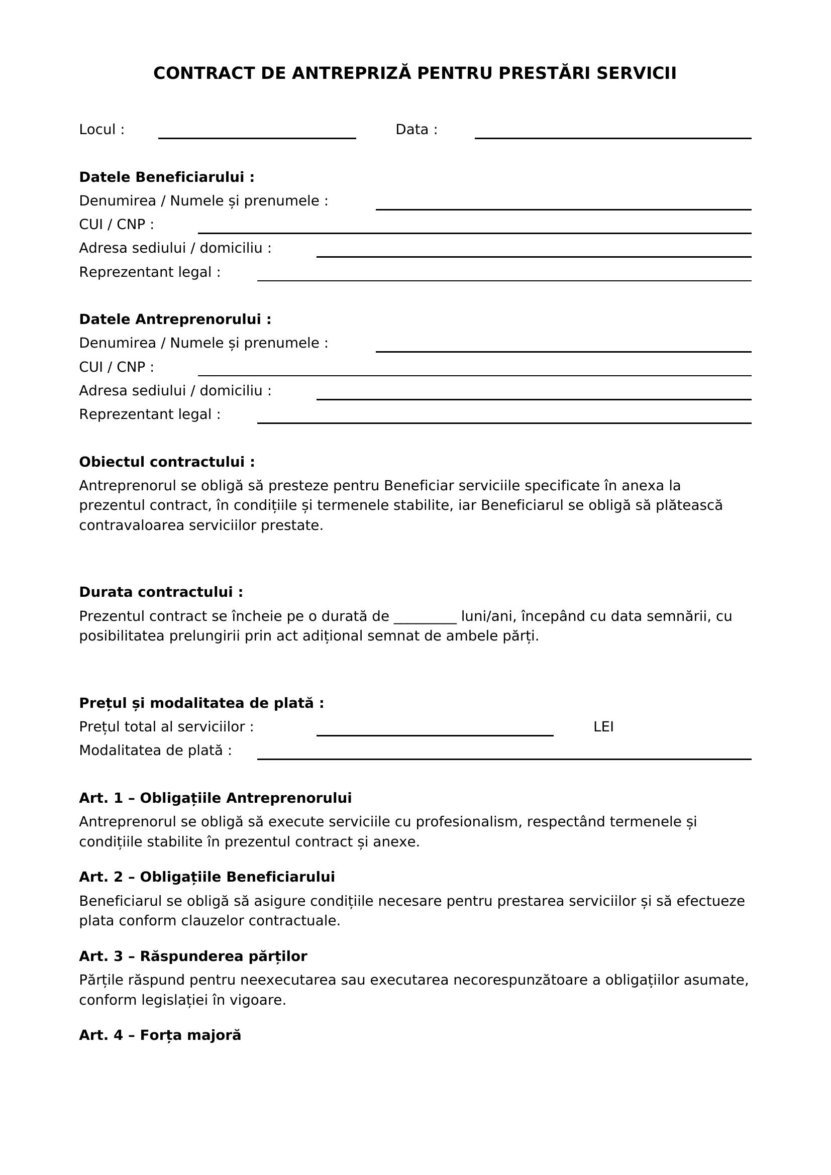 Model Contract Antrepriza Prestari Servicii