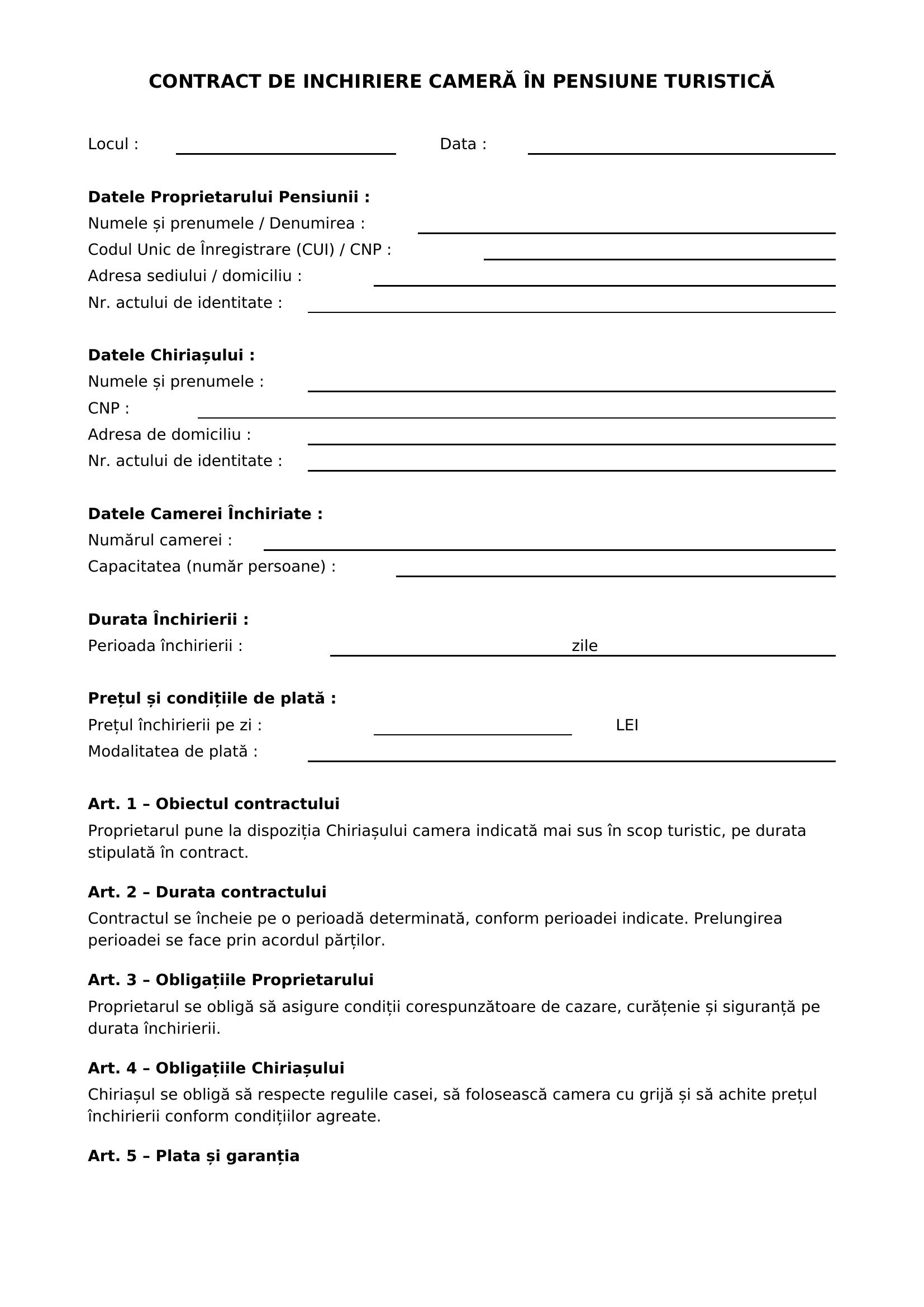 Model Contract Cazare Pensiune