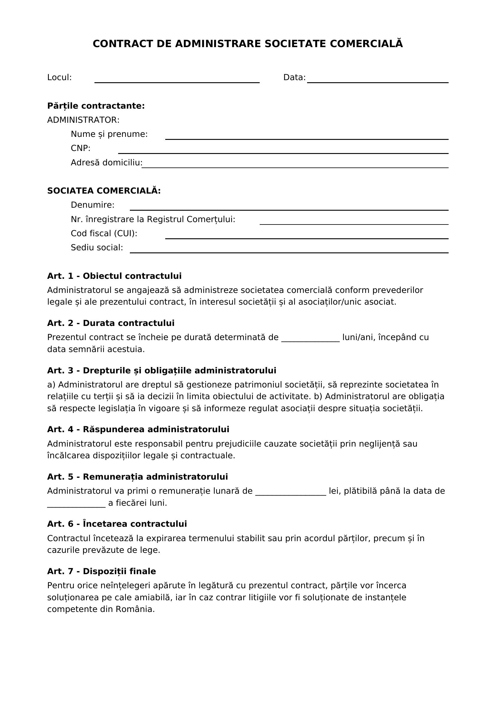 Model Contract De Administrare Societate Comerciala