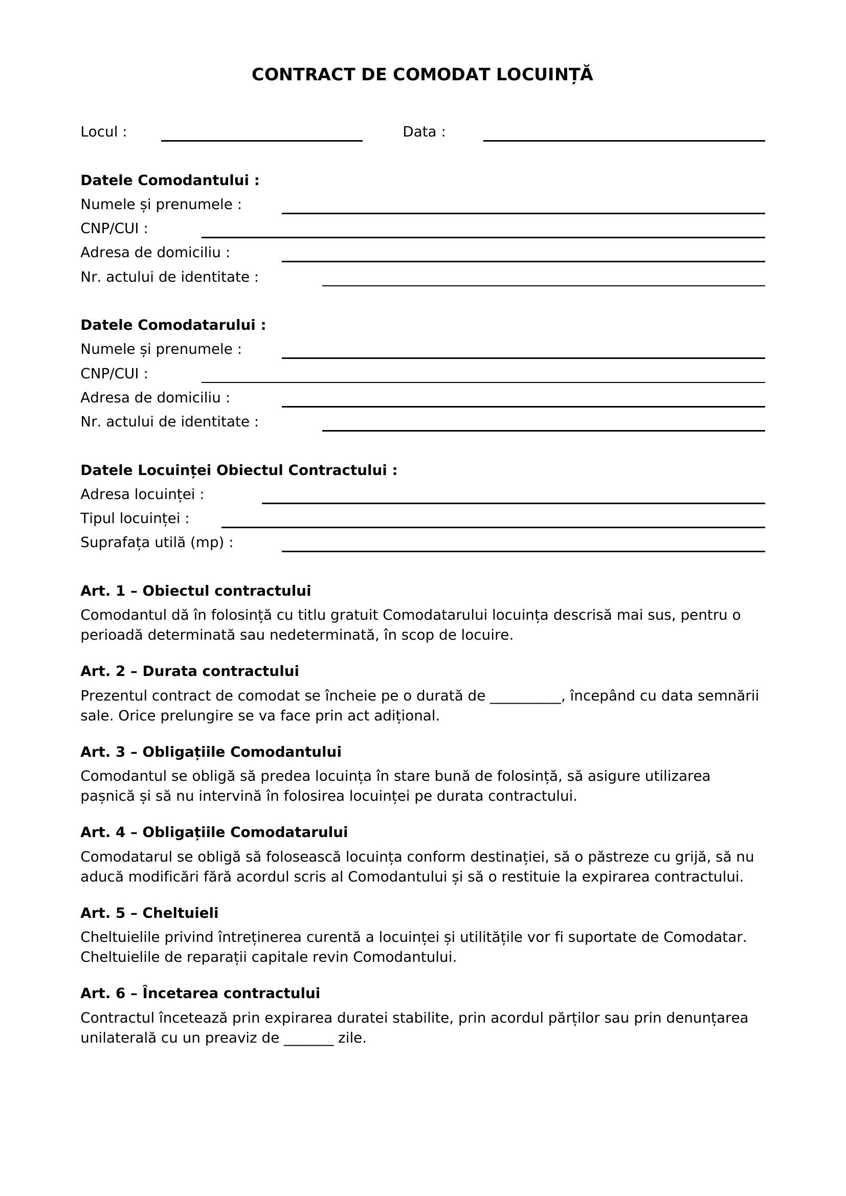 Model Contract De Comodat Locuinta