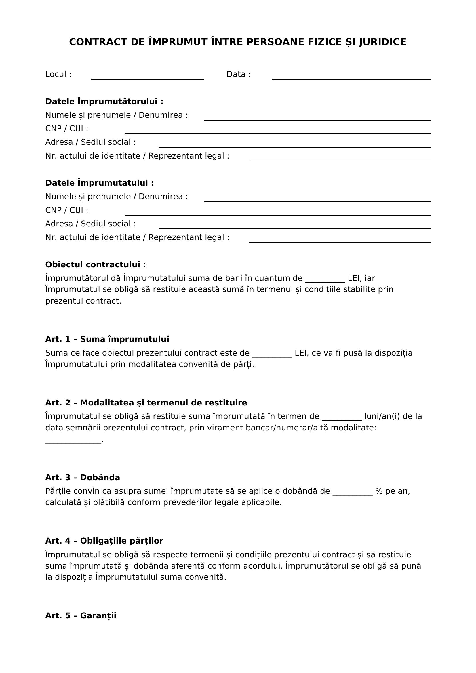 Model Contract De Imprumut Intre Persoane Fizice Si Juridice
