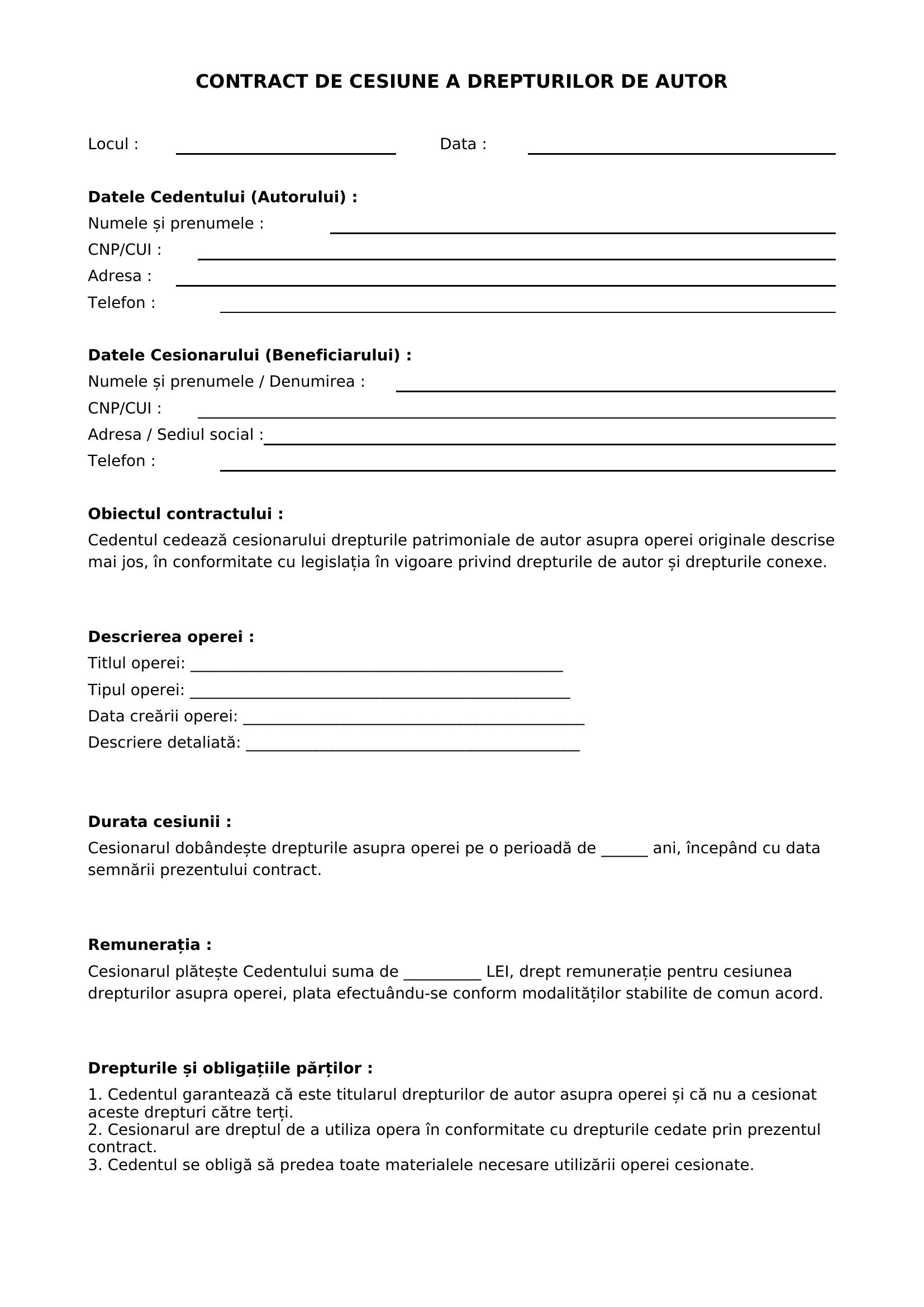 Model Contract Drepturi De Autor 2025