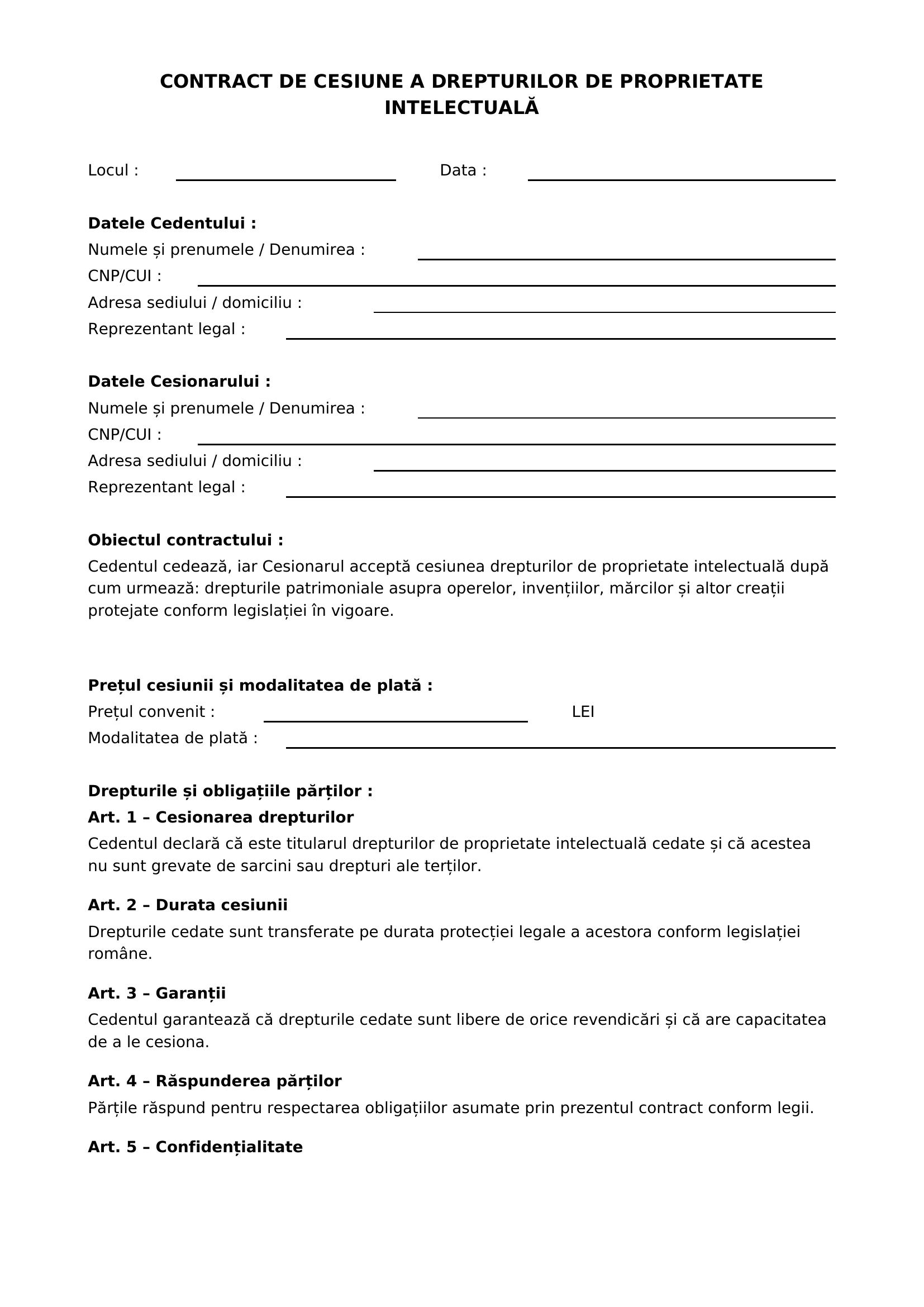 Model Contract Drepturi De Proprietate Intelectuala