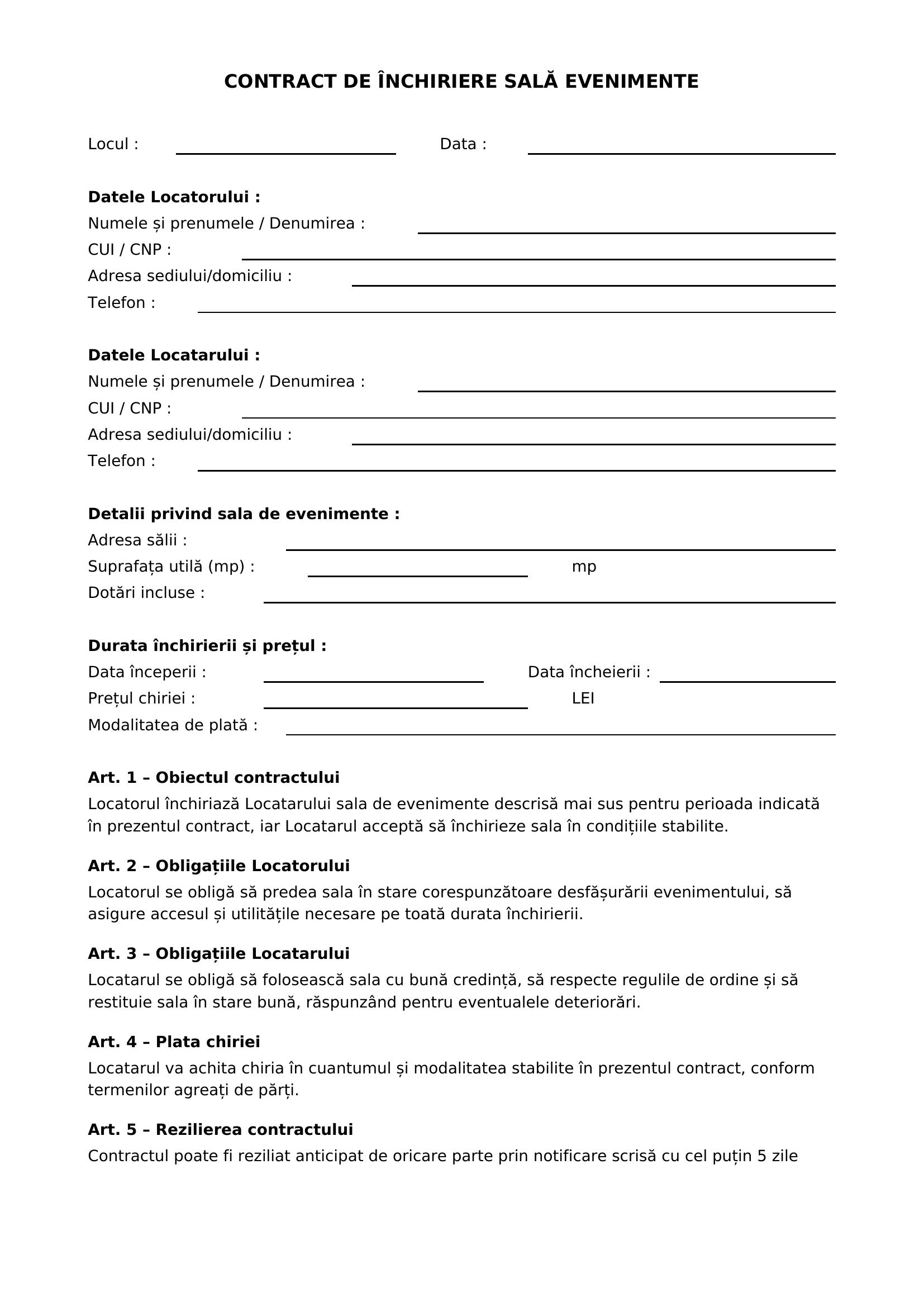 Model Contract Inchiriere Sala Evenimente