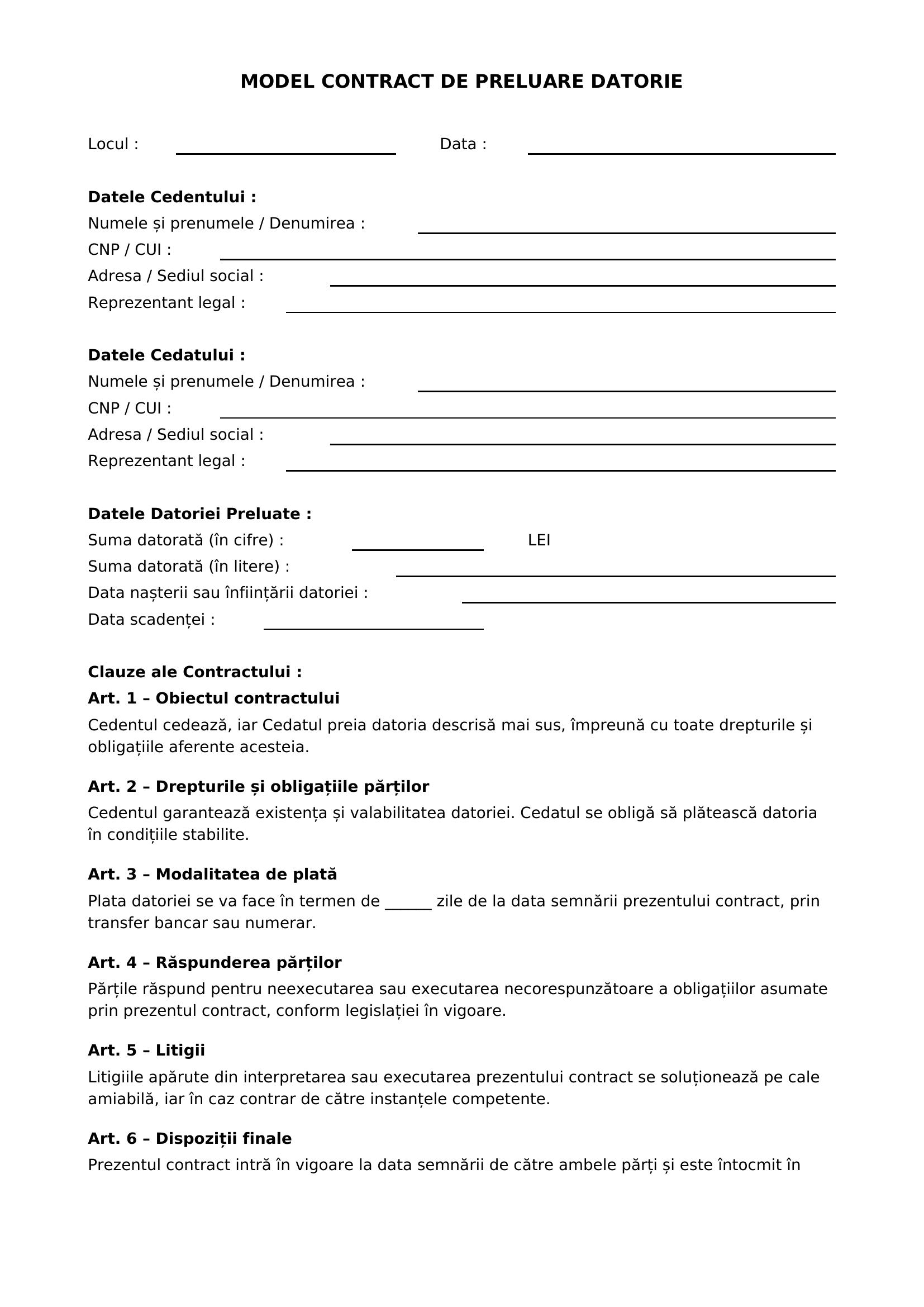 Model Contract Preluare Datorie