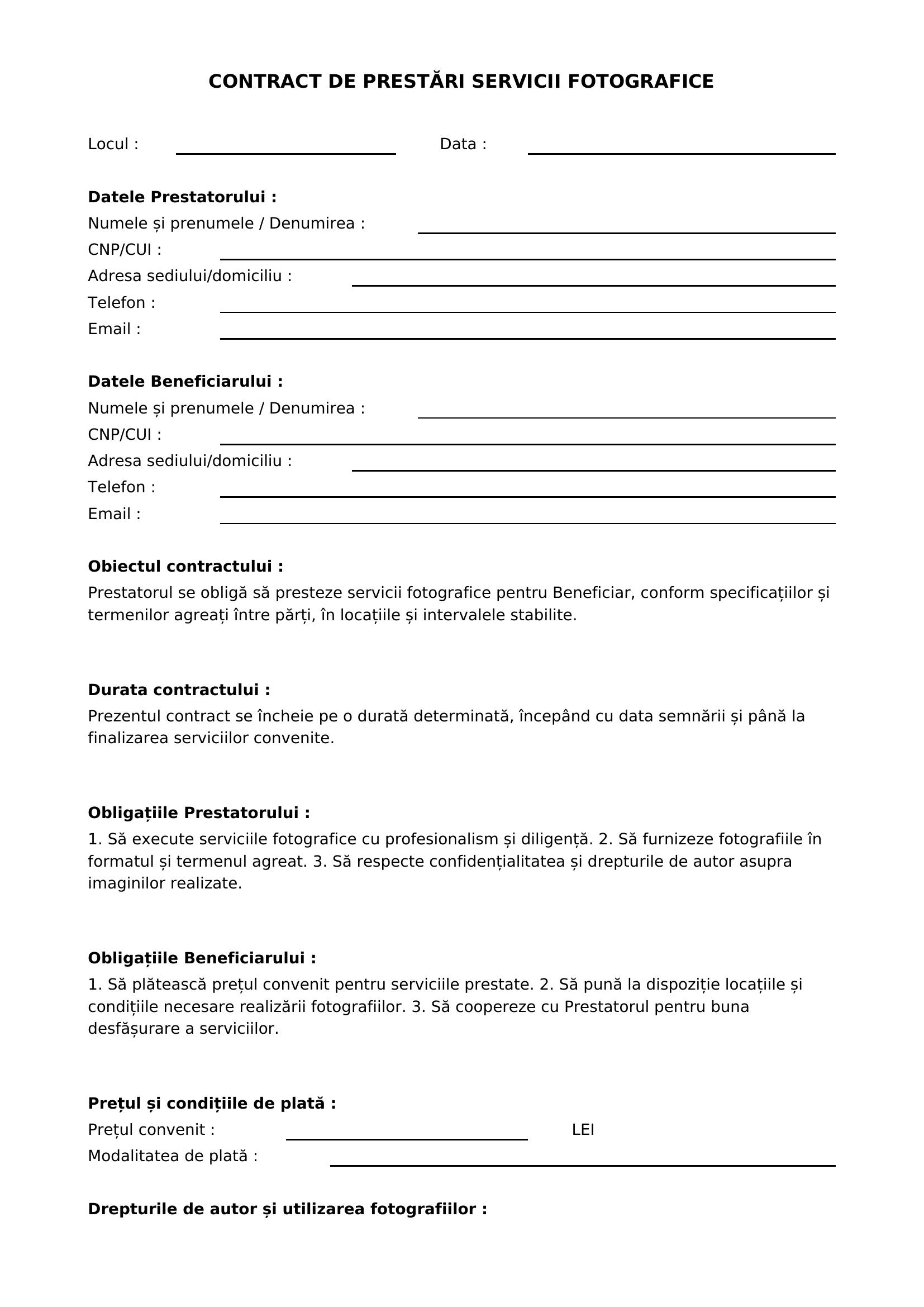 Model Contract Prestari Servicii Fotografice