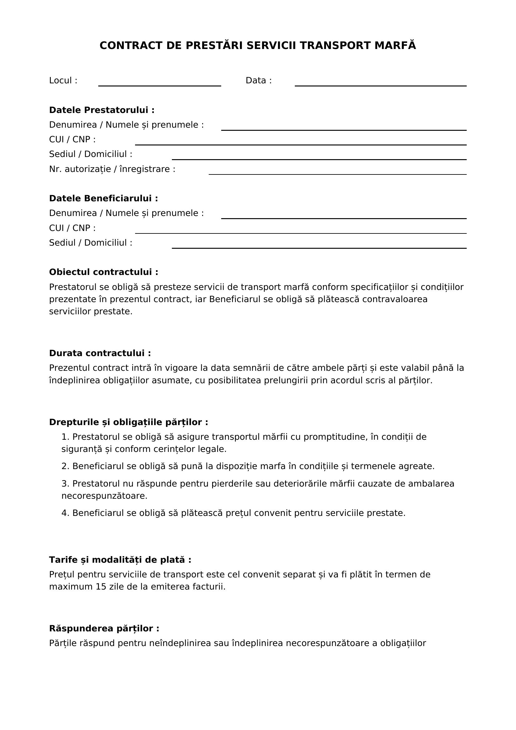 Model Contract Prestari Servicii Transport Marfa