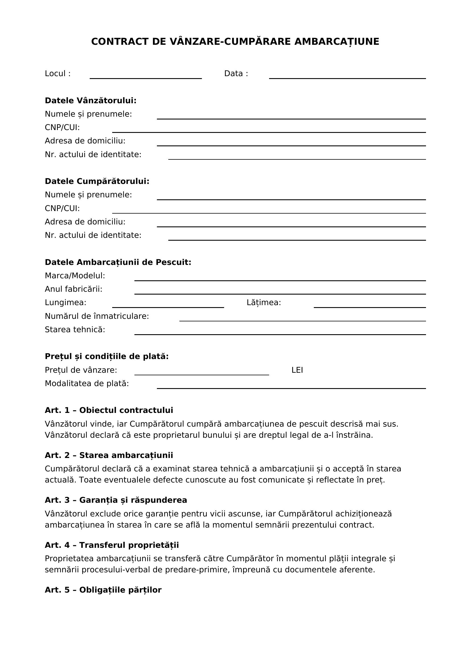 Model Contract Vanzare Cumparare Ambarcatiune