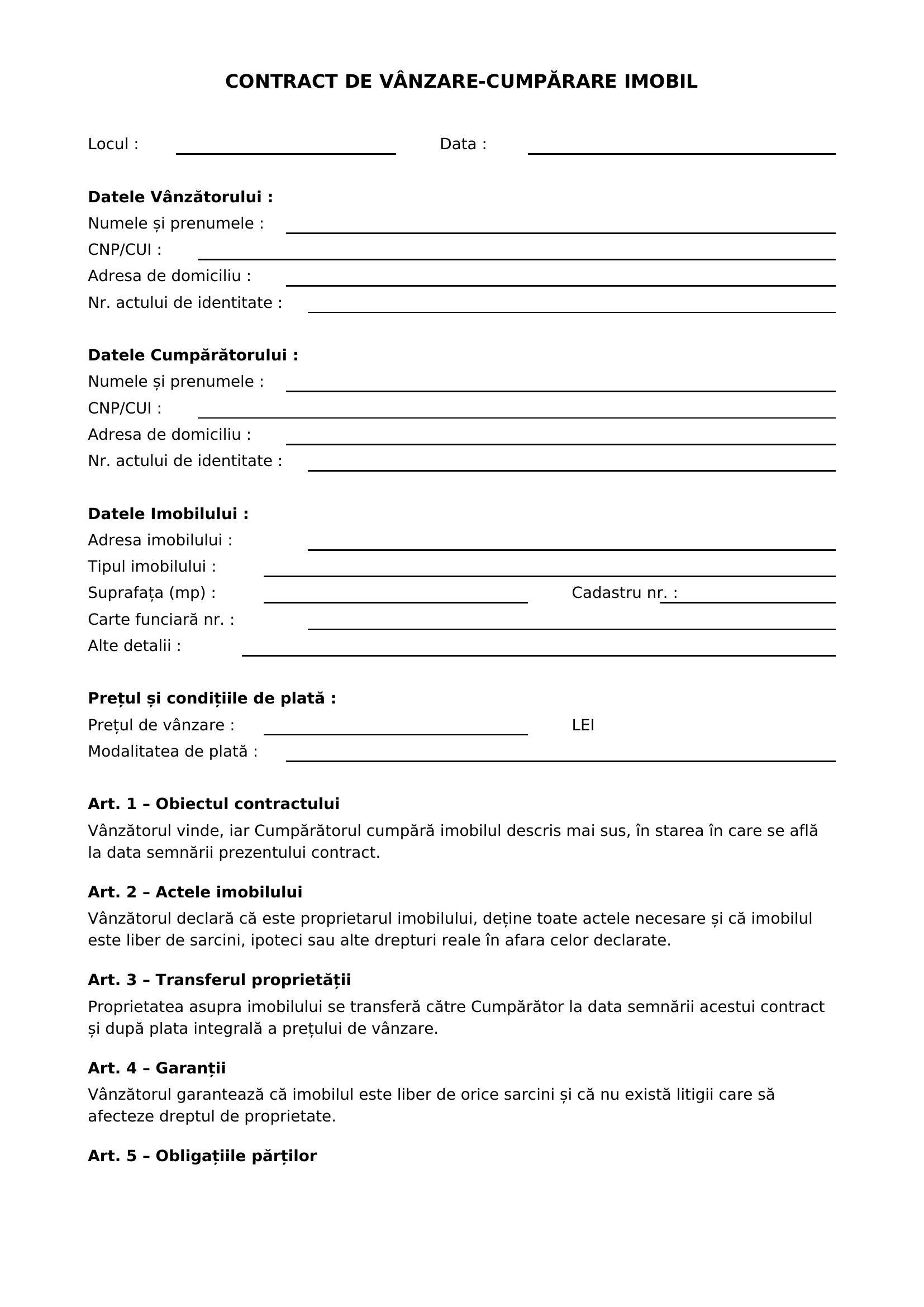 Model Contract Vanzare Cumparare Imobil