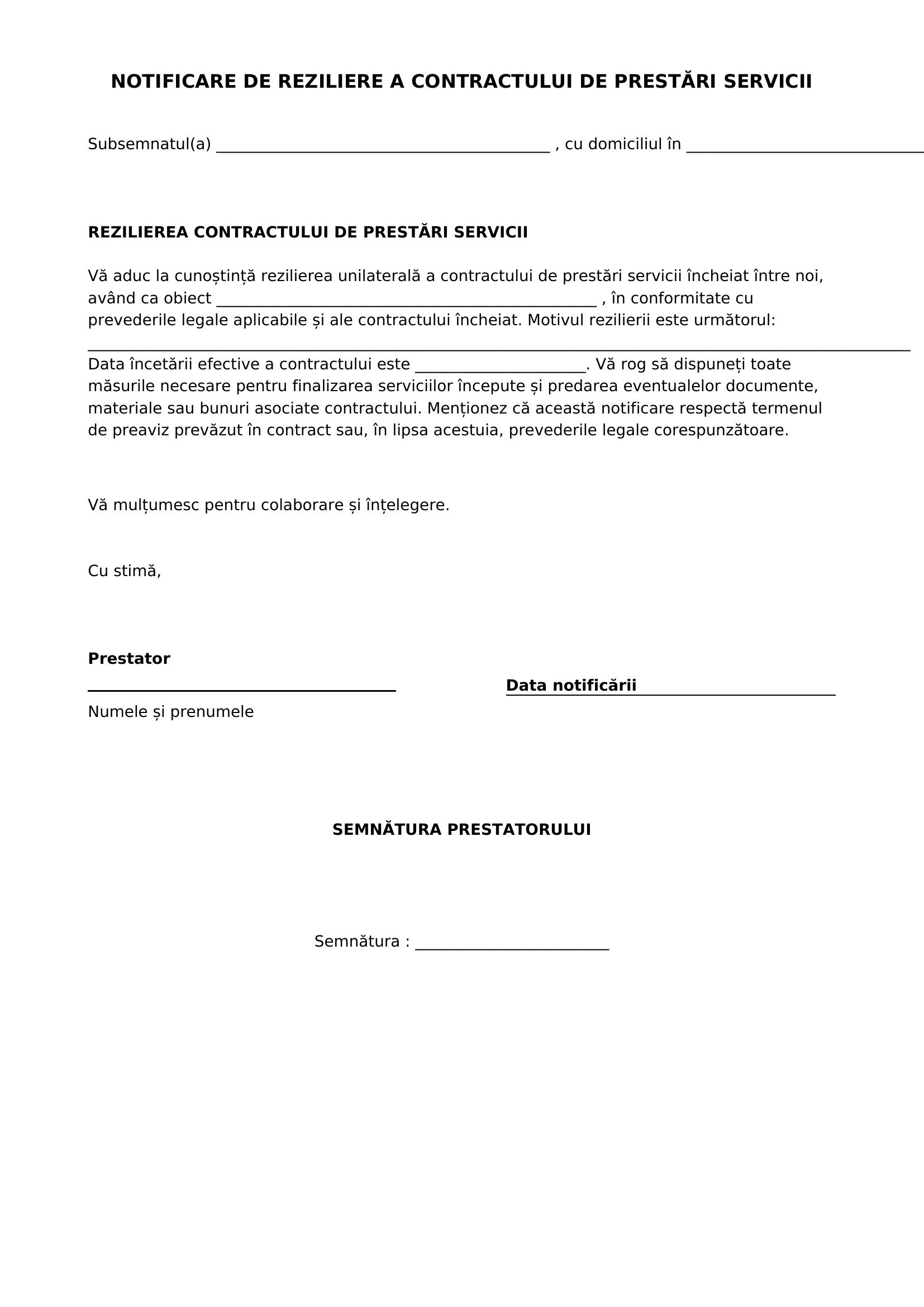 Model Notificare Reziliere Contract Prestari Servicii