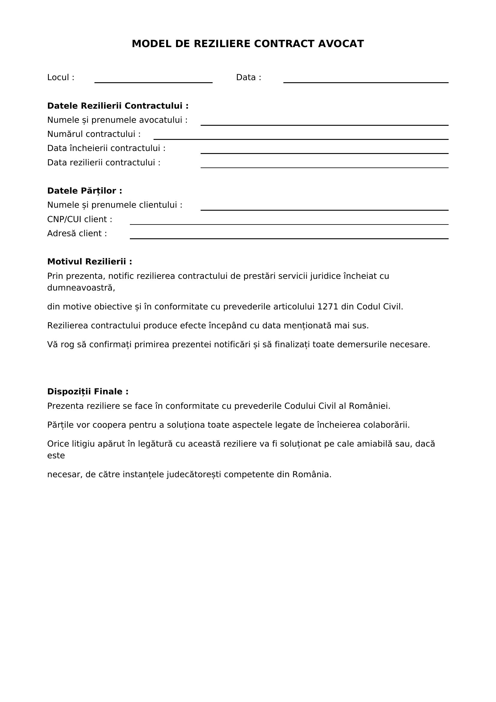 Model Reziliere Contract Avocat