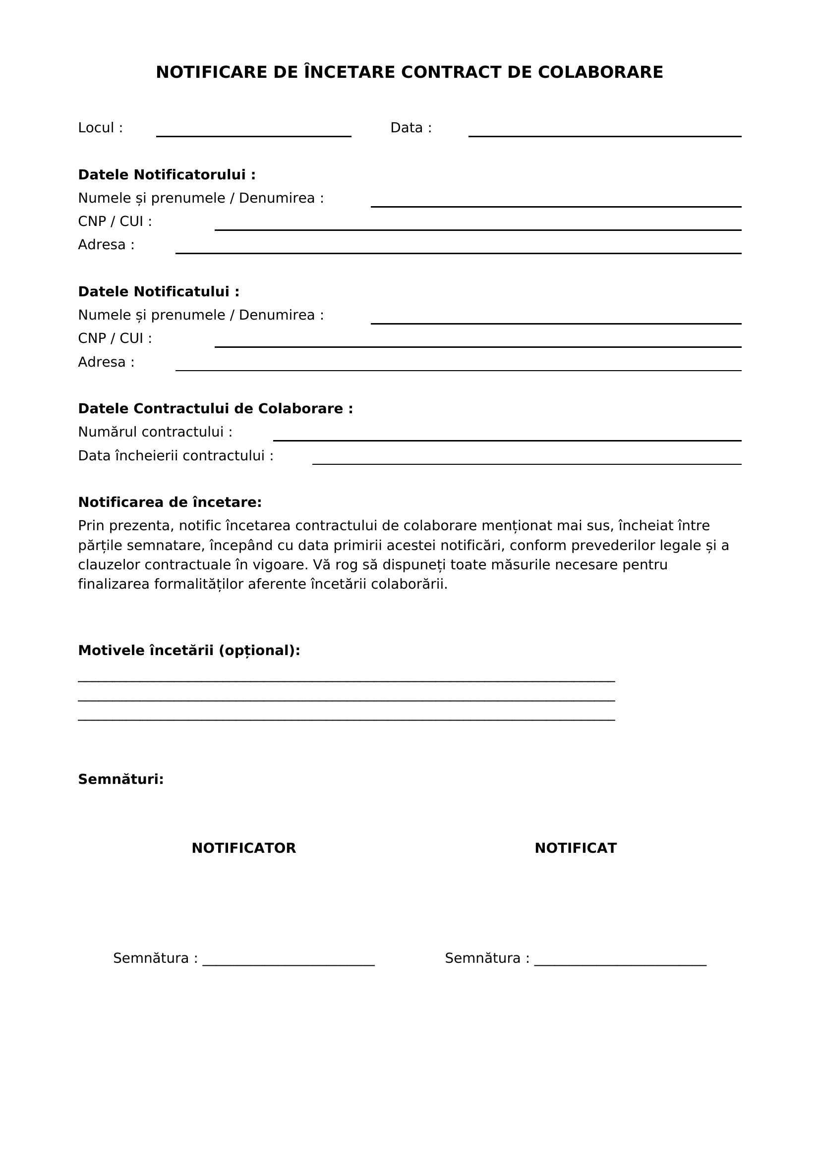Notificare Incetare Contract De Colaborare