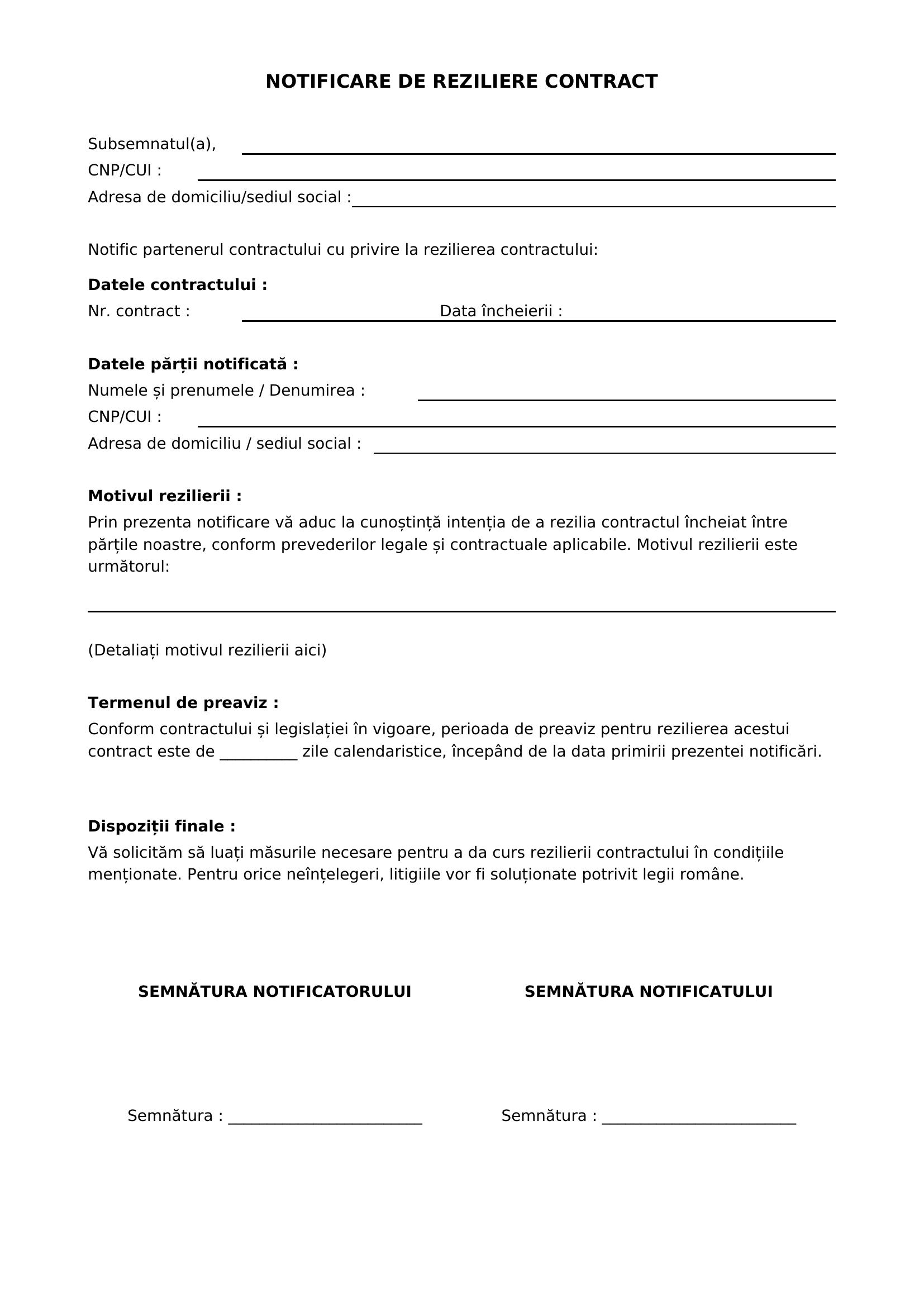 Notificare Reziliere Contract
